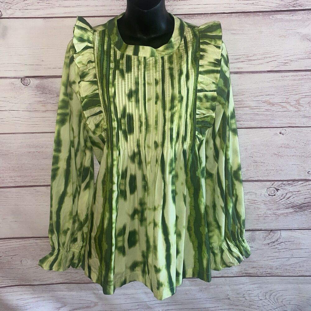 Samant Chauhan Womens L Green Ruffle Pintuck Blouse Abstract Print 100% Cotton